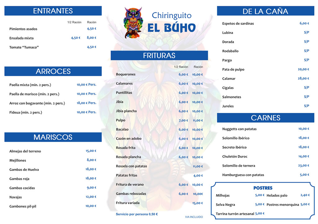 la carta menu del chiringuito el buho